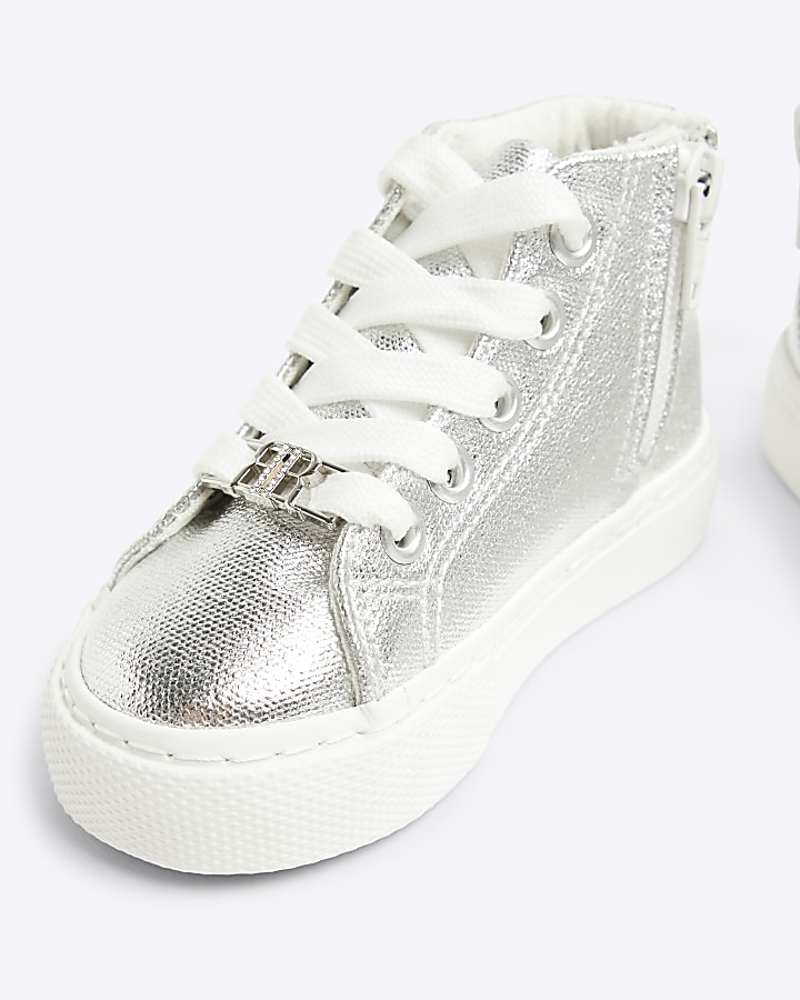 Mini girls silver metallic platform trainers