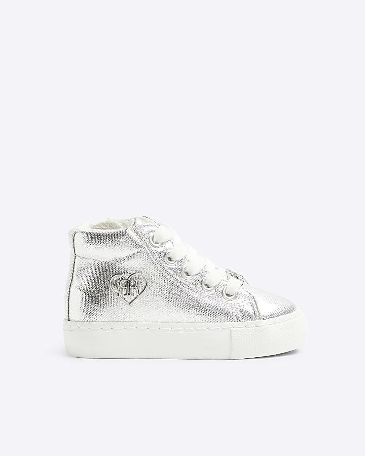 Mini girls silver metallic platform trainers River Island