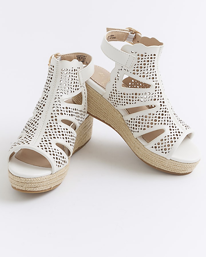 Girls white cut out wedge sandals