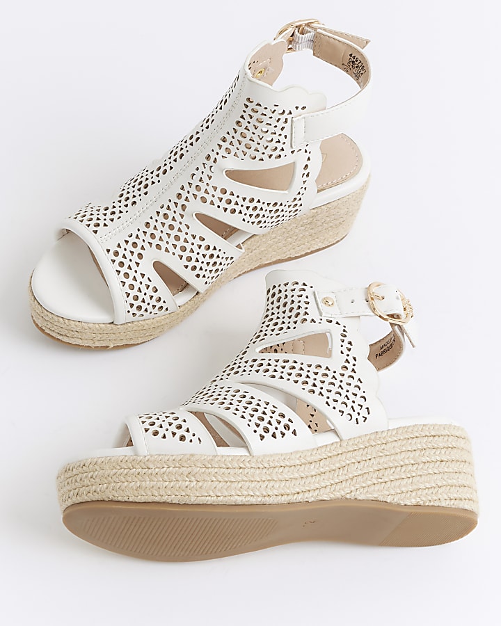 Girls white cut out wedge sandals