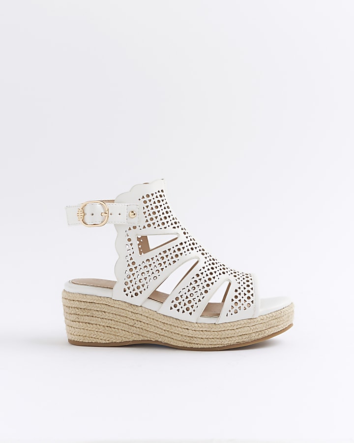 Girls white cut out wedge sandals