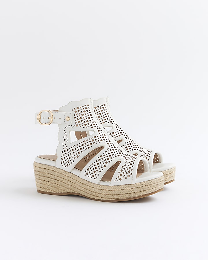 Girls white cut out wedge sandals