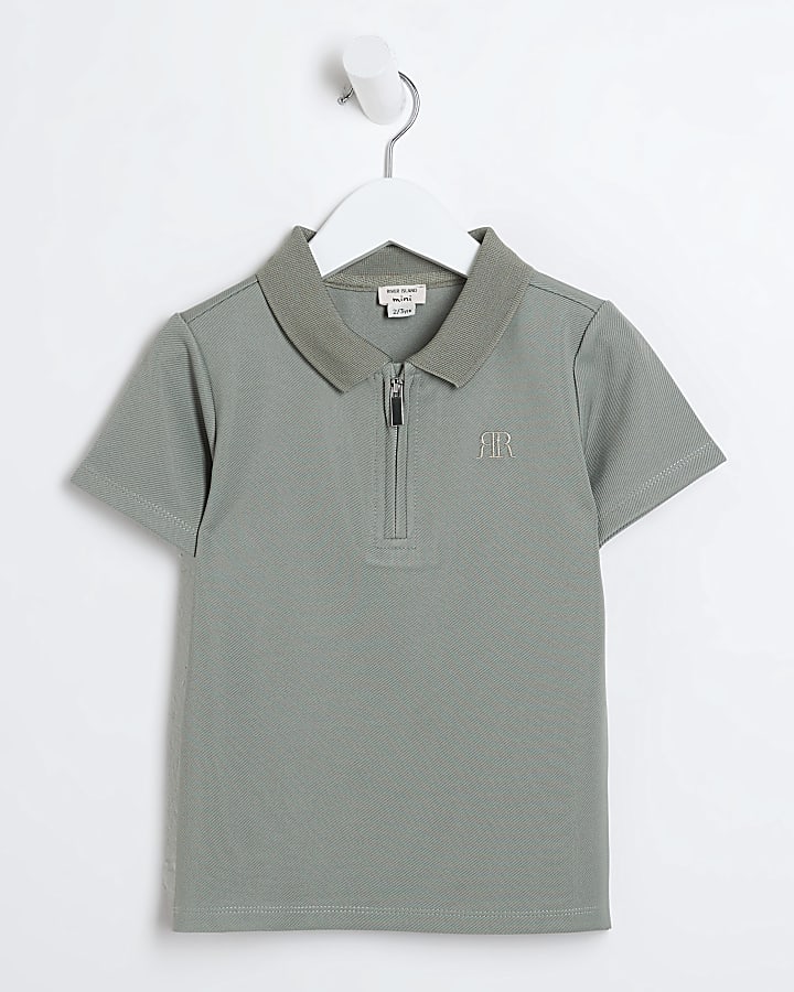 Mini boys khaki half zip smart polo shirt