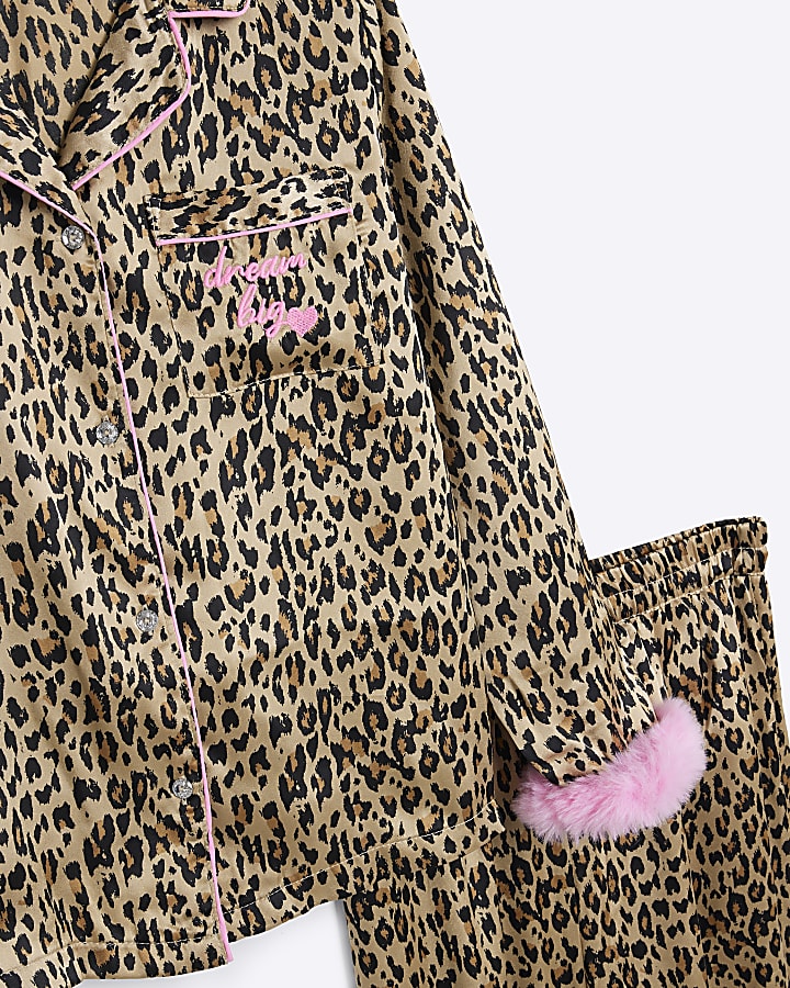 Girls Brown Faux Fur Cuff Leopard Pyjamas