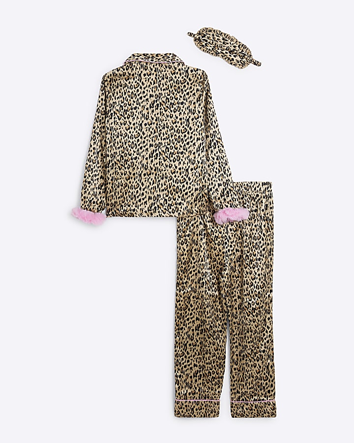 Girls Brown Faux Fur Cuff Leopard Pyjamas