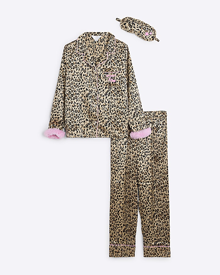 Girls Brown Faux Fur Cuff Leopard Pyjamas River Island