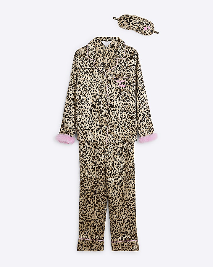 Girls Brown Faux Fur Cuff Leopard Pyjamas