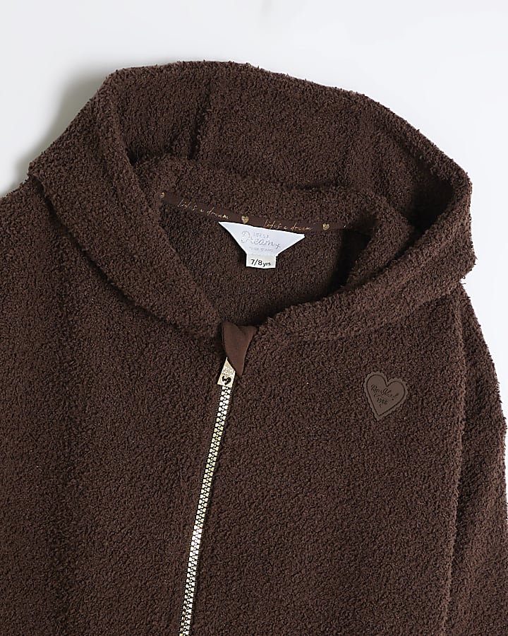 Girls Brown Zip Hoodie Loungewear Set