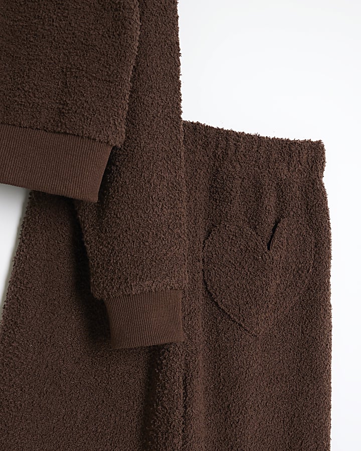 Girls Brown Zip Hoodie Loungewear Set
