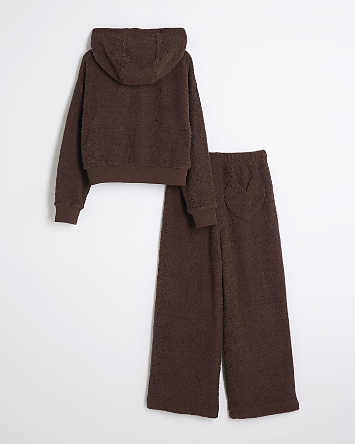 Girls Brown Zip Hoodie Loungewear Set