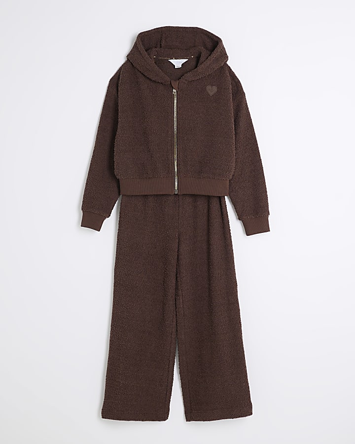 Girls Brown Zip Hoodie Loungewear Set