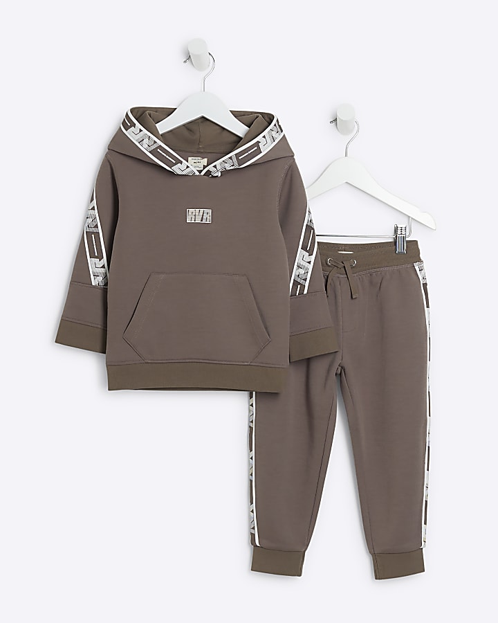 Mini Boys Brown Taped Hoodie and Jogger Set