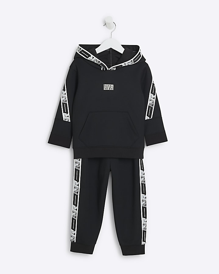 Mini Boys Black Taped Hoodie and Jogger Set