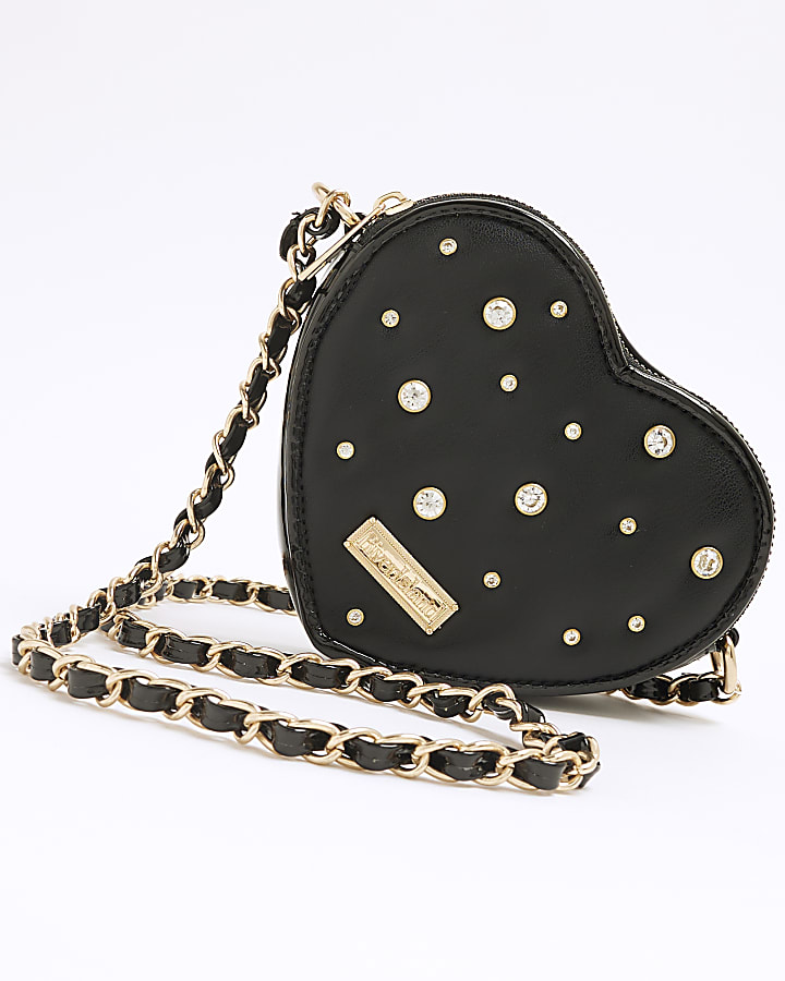 Girls Black Rhinestone Heart Cross Body Bag
