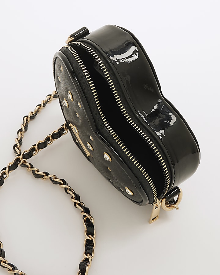 Girls Black Rhinestone Heart Cross Body Bag