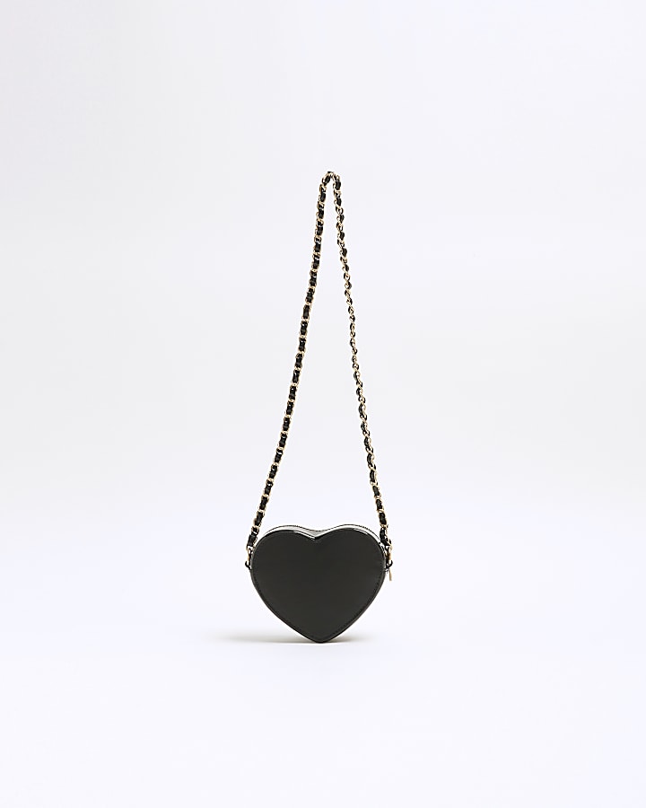Girls Black Rhinestone Heart Cross Body Bag