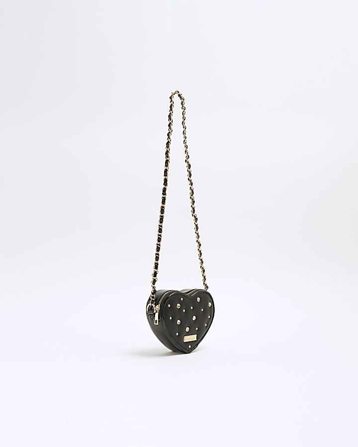 Girls Black Rhinestone Heart Cross Body Bag