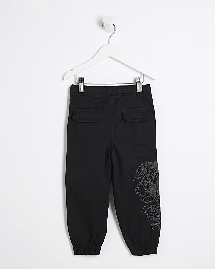 Mini Boys Black Embroidered Cargo Trousers