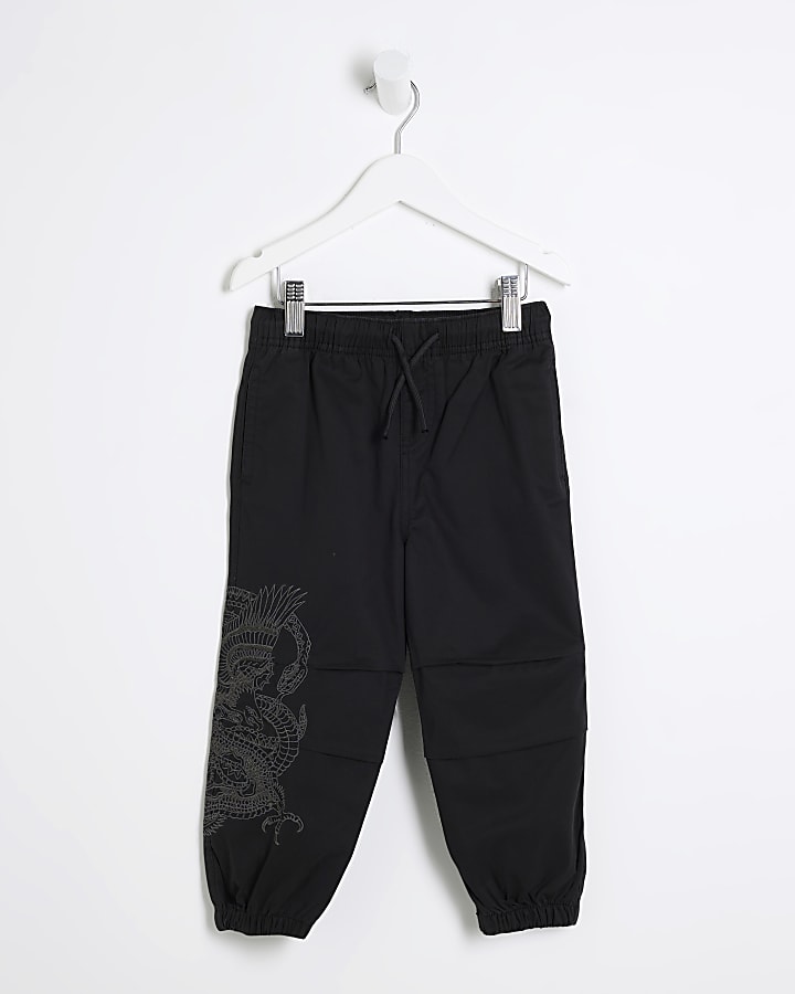 Mini Boys Black Embroidered Cargo Trousers