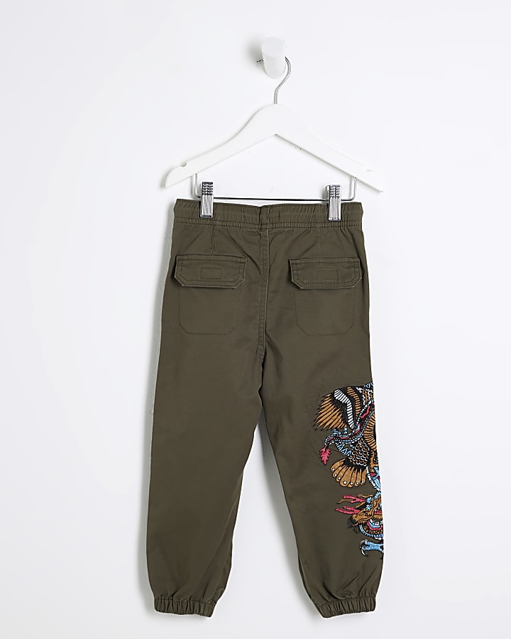 Mini Boys Khaki Embroidered Cargo Trousers