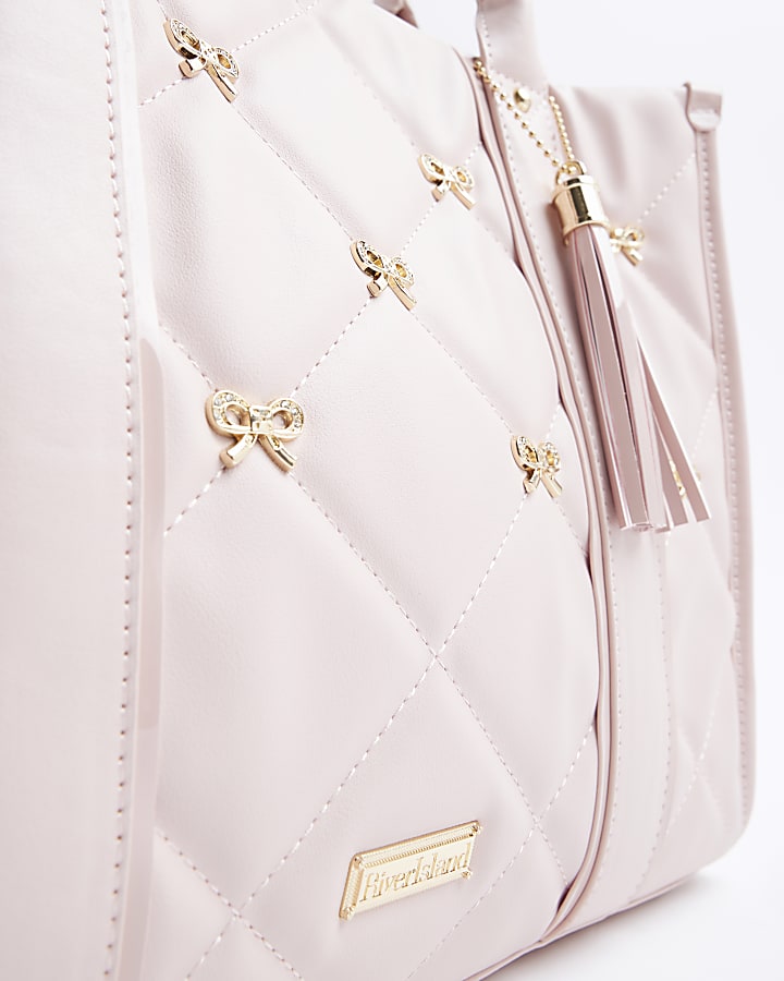 Girls Pink Leather Bow Studded Shopper Bag