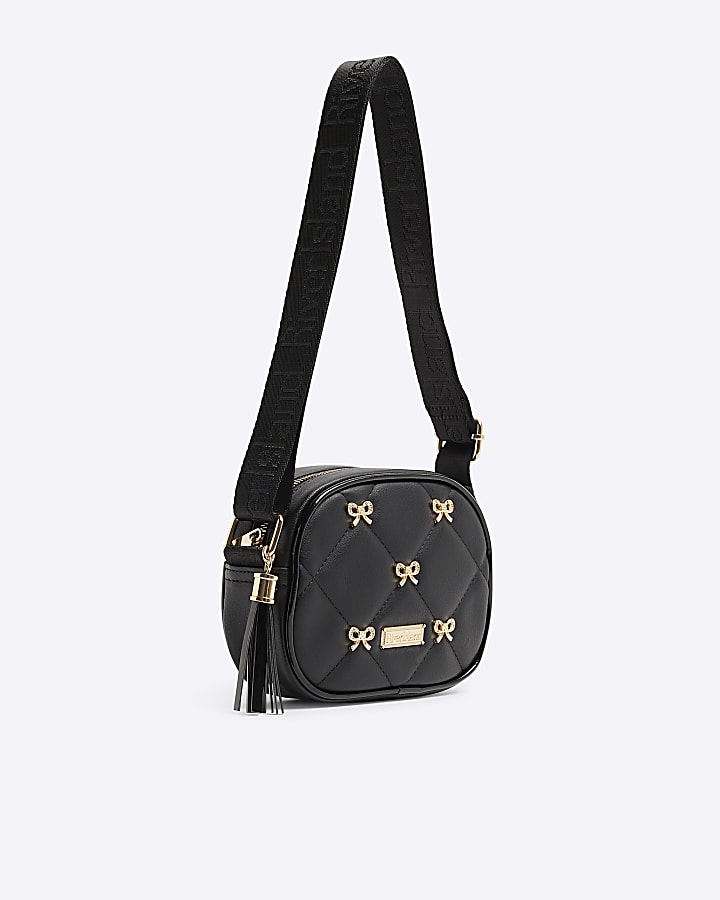 Girls Black Bow Studded Cross Body Bag