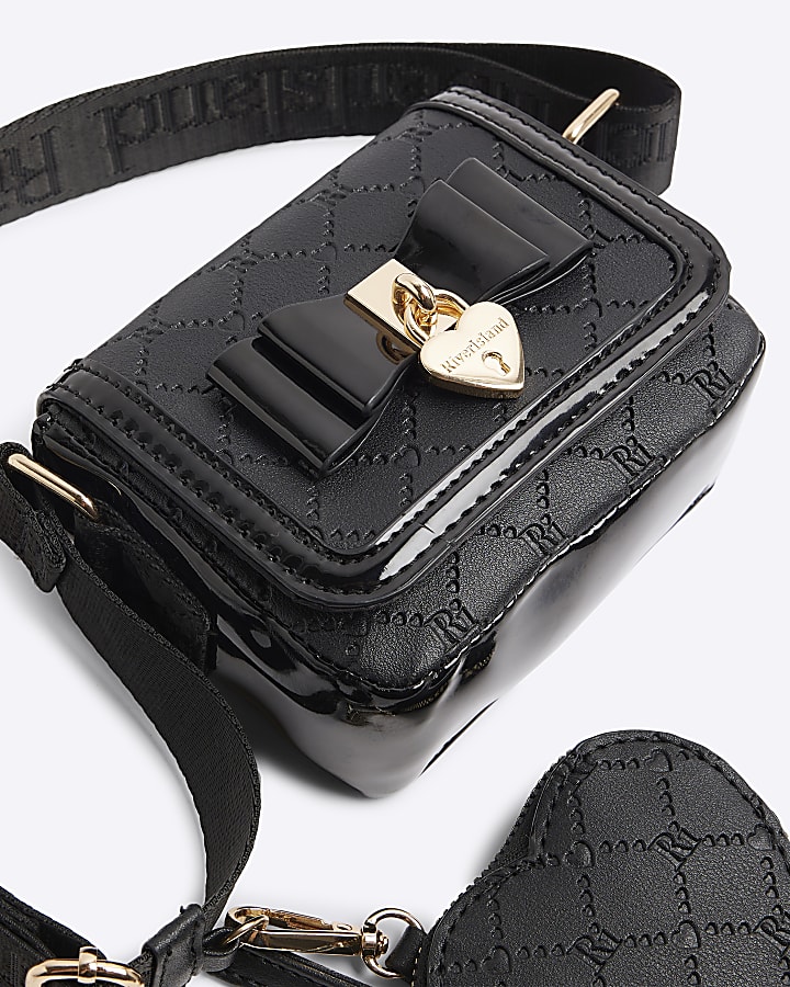 Girls black embossed monogram bow bag