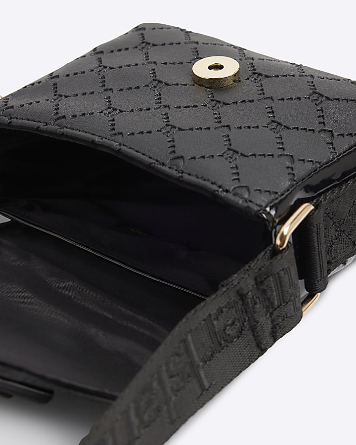 Girls black embossed monogram bow bag