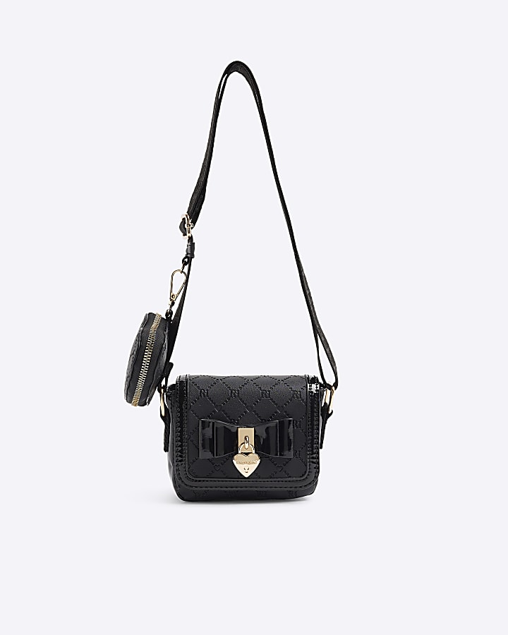 Girls black embossed monogram bow bag