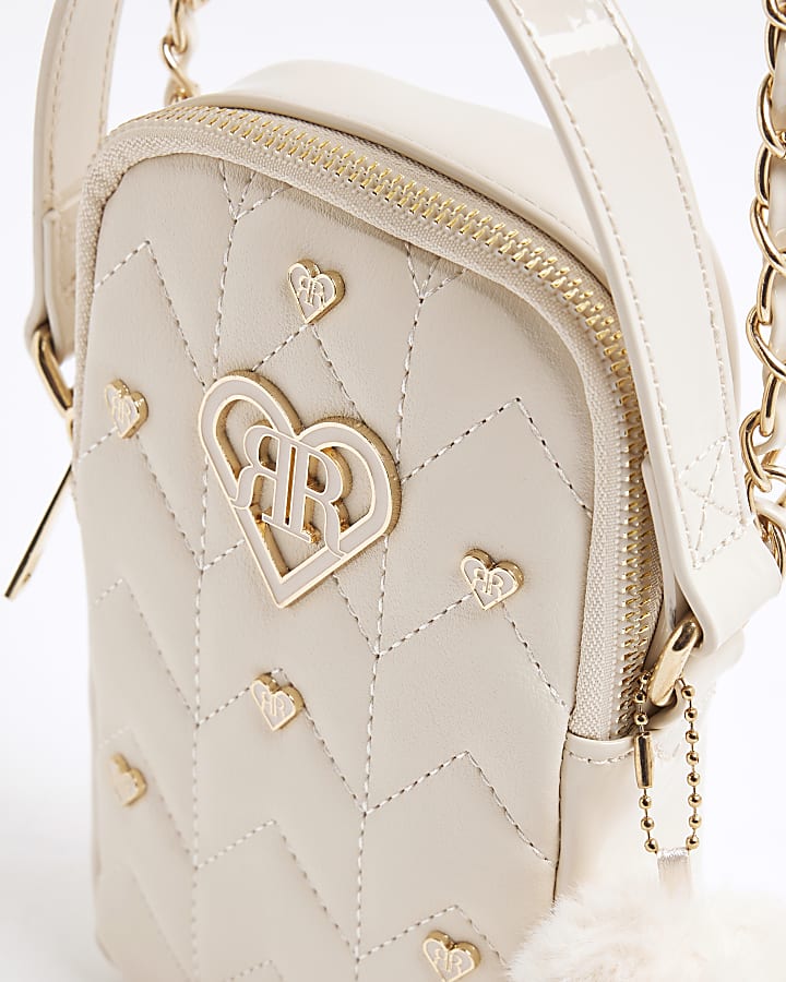 Girls Cream Quilted Stud Cross Body Bag