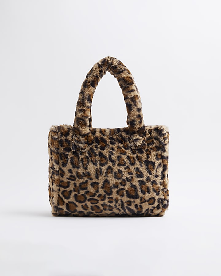 Girls Brown Leopard Faux Fur Shopper Bag