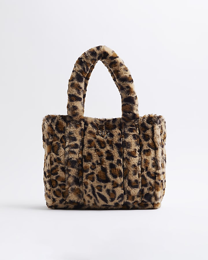 Girls Brown Leopard Faux Fur Shopper Bag