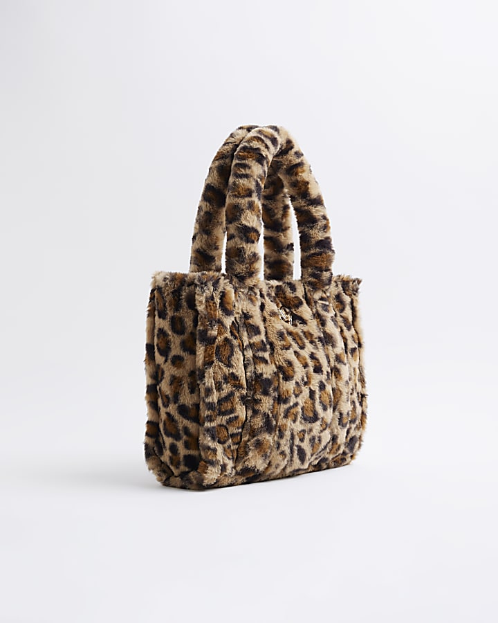 Girls Brown Leopard Faux Fur Shopper Bag