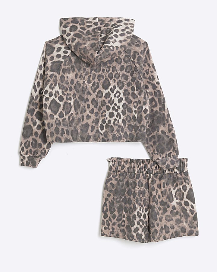 Girls brown leopard hoodie and shorts set