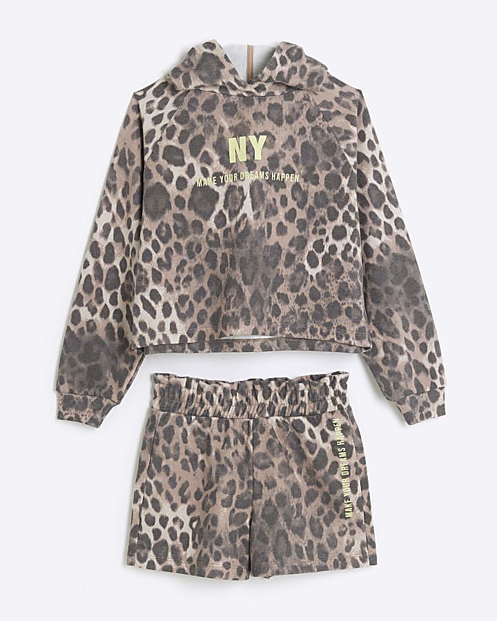 Girls brown leopard hoodie and shorts set