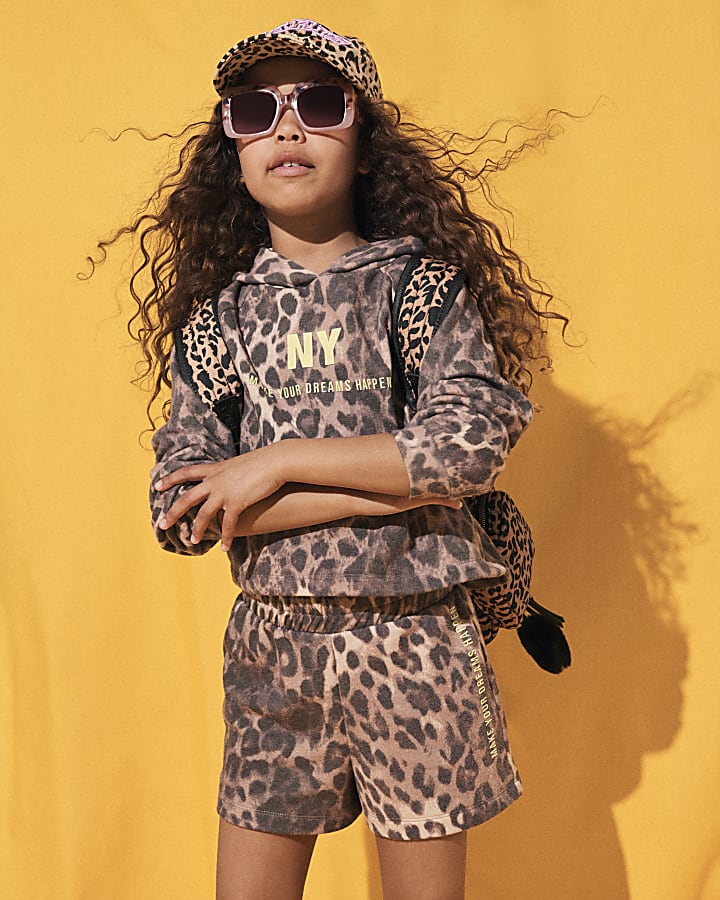 Girls brown leopard hoodie and shorts set River Island