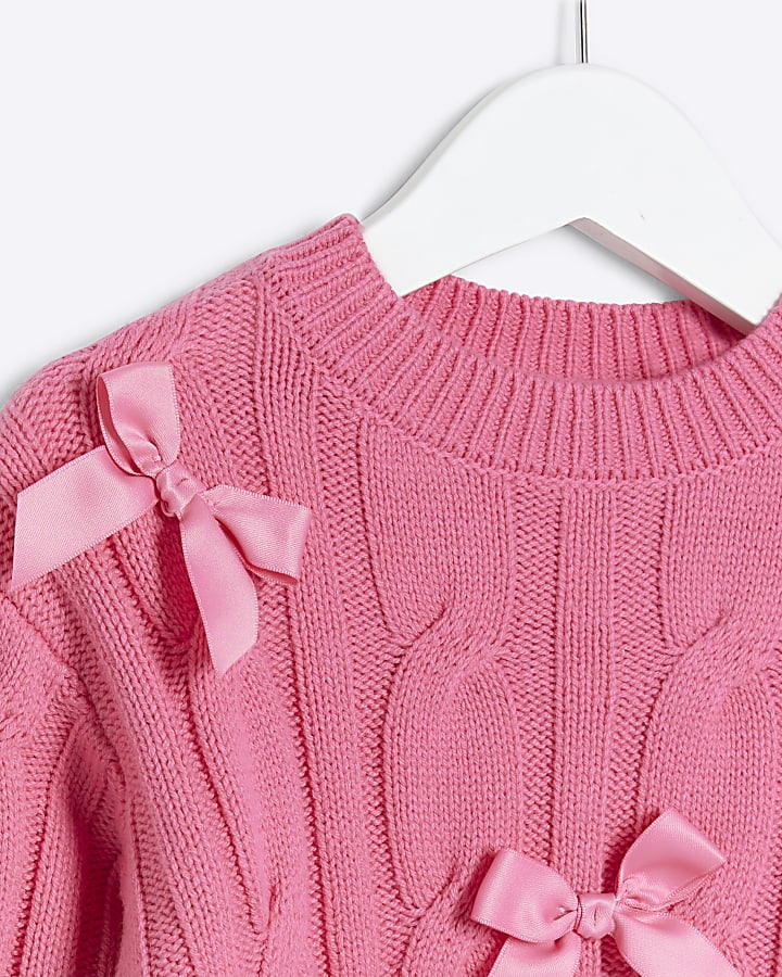 Mini Girls  pink cable knit bow jumper