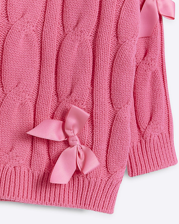 Mini Girls  pink cable knit bow jumper