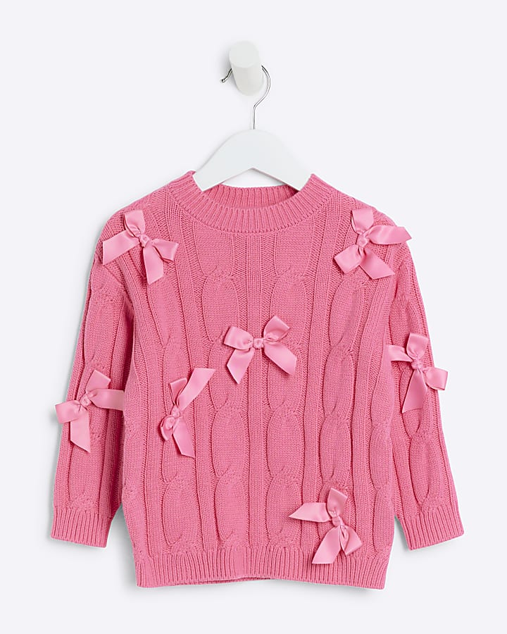 Mini Girls  pink cable knit bow jumper