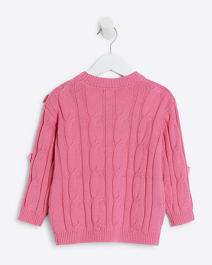 Mini Girls  pink cable knit bow jumper