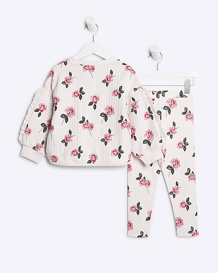 Mini Girls Pink Waffle Print Sweat Set