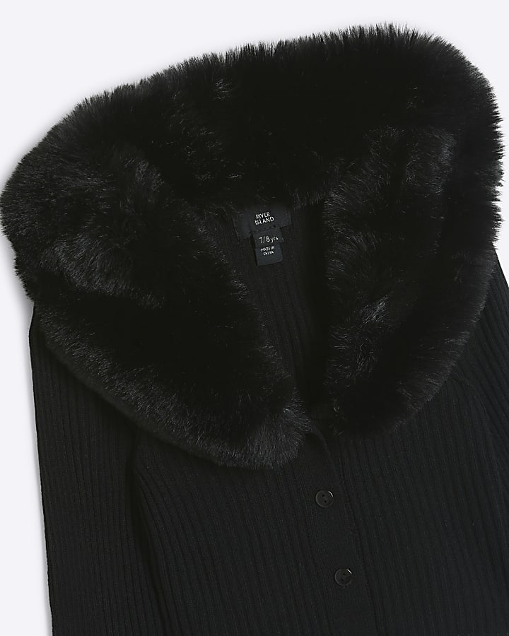 Girls black faux fur collar cardigan