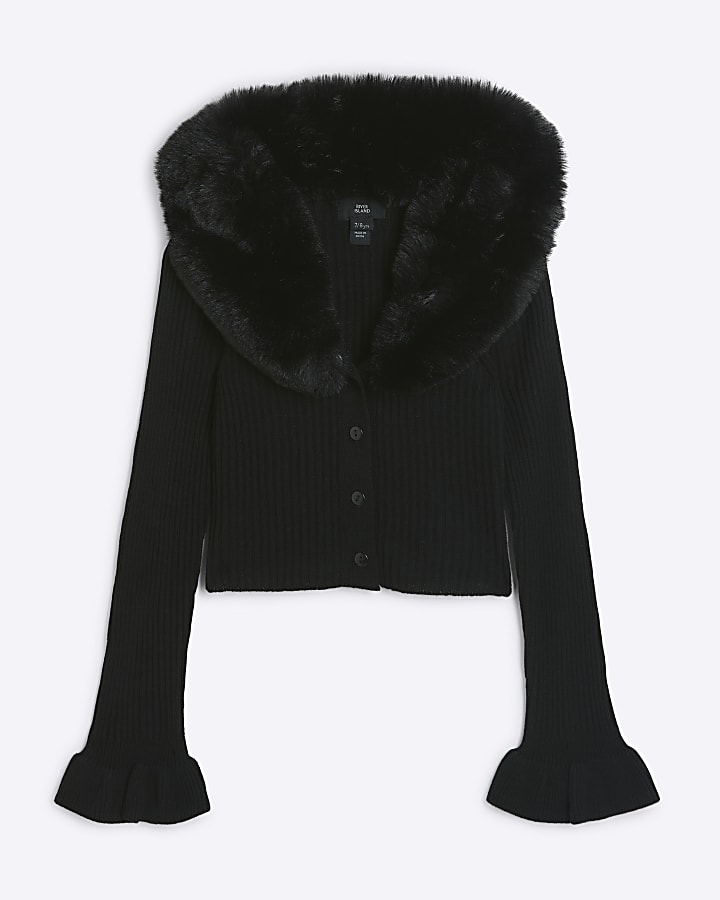 Girls black faux fur collar cardigan River Island