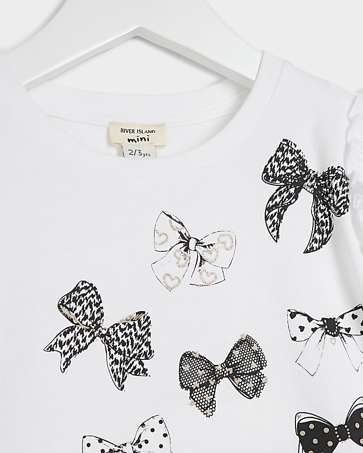 Mini girls white bow print t-shirt set