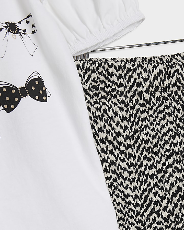Mini girls white bow print t-shirt set