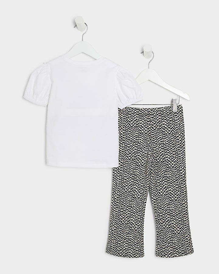 Mini girls white bow print t-shirt set