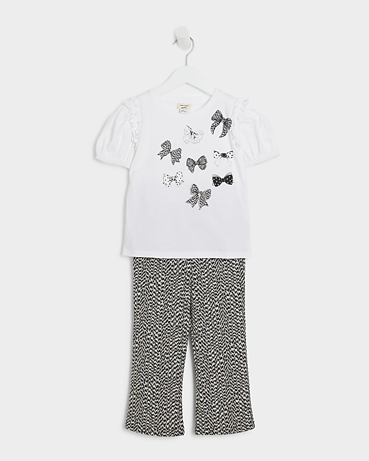 Mini girls white bow print t-shirt set