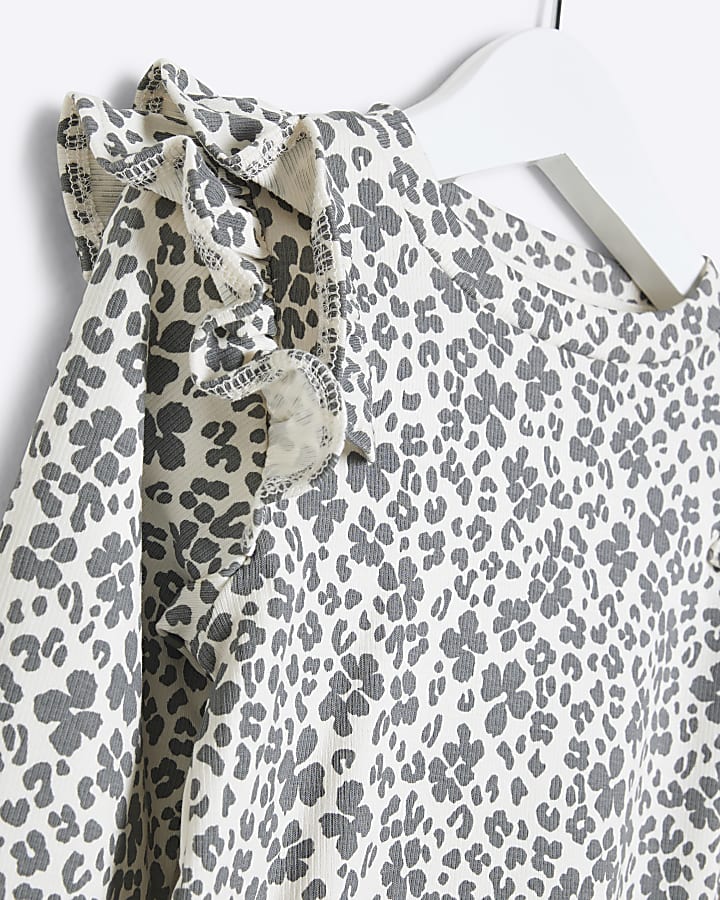 Mini Girls Grey Ribbed Leopard Top 2 pack