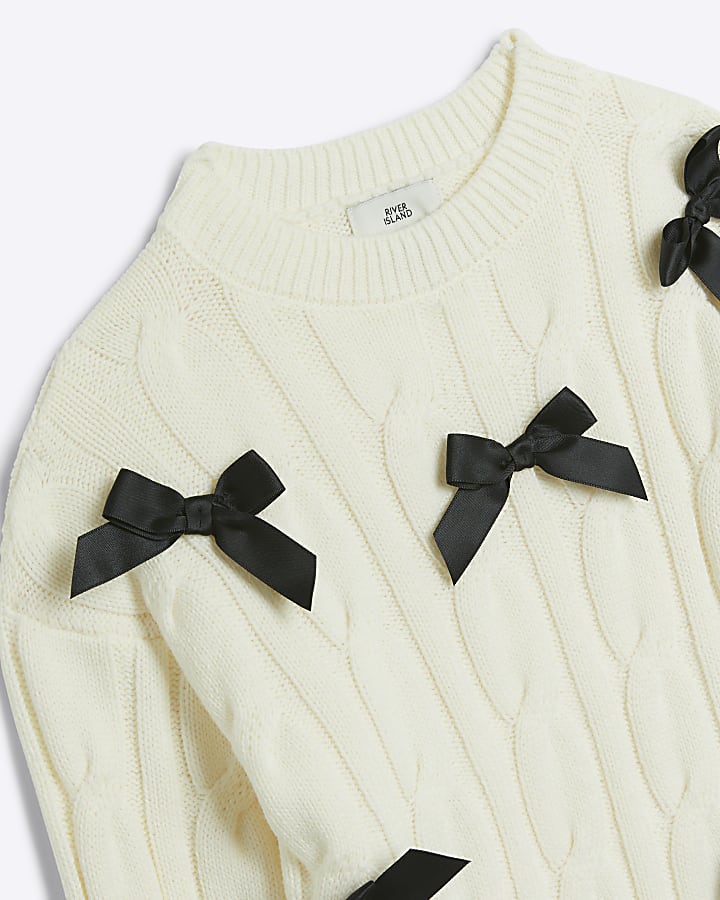 Girls cream cable knit bow jumper