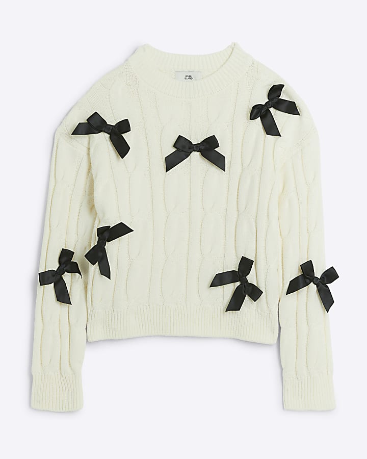 Girls cream cable knit bow jumper